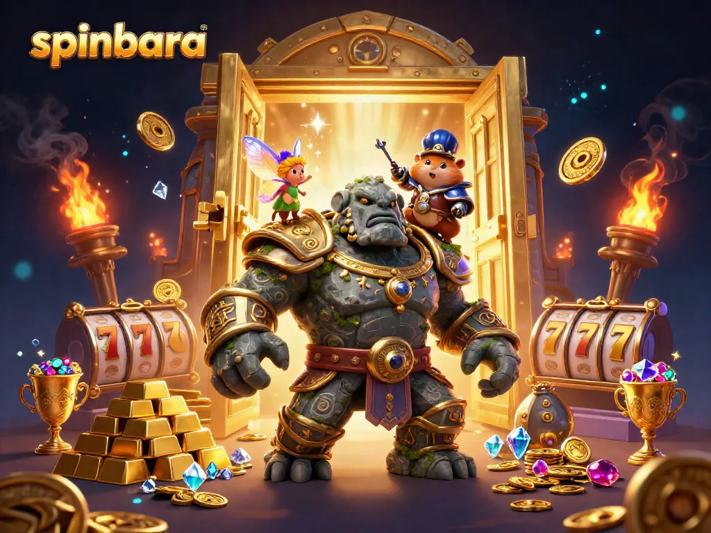 Spinbara casino offers an exciting adventure with a golem guardian and magical fairy in a treasure-filled scene.