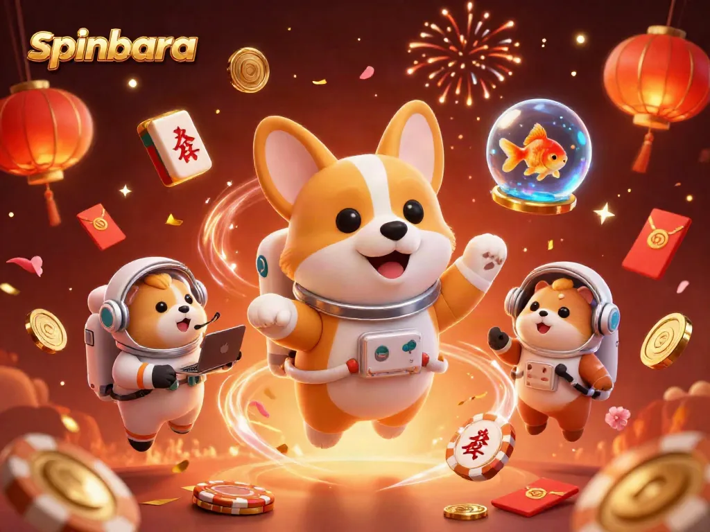 Experience the excitement at Spinbara with a vibrant casino scene featuring animated characters and festive elements.