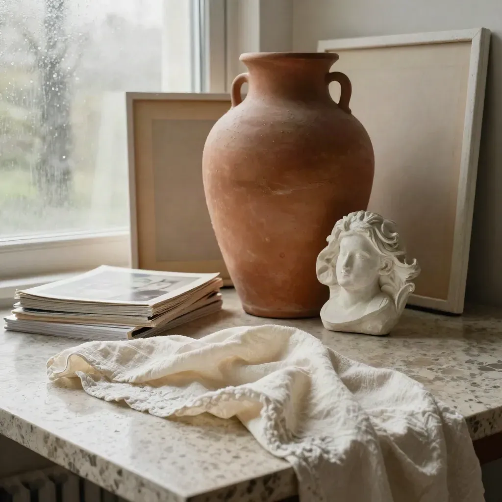 Vaso de terracota, catálogos, relieves y marcos en luz cálida de mañana.