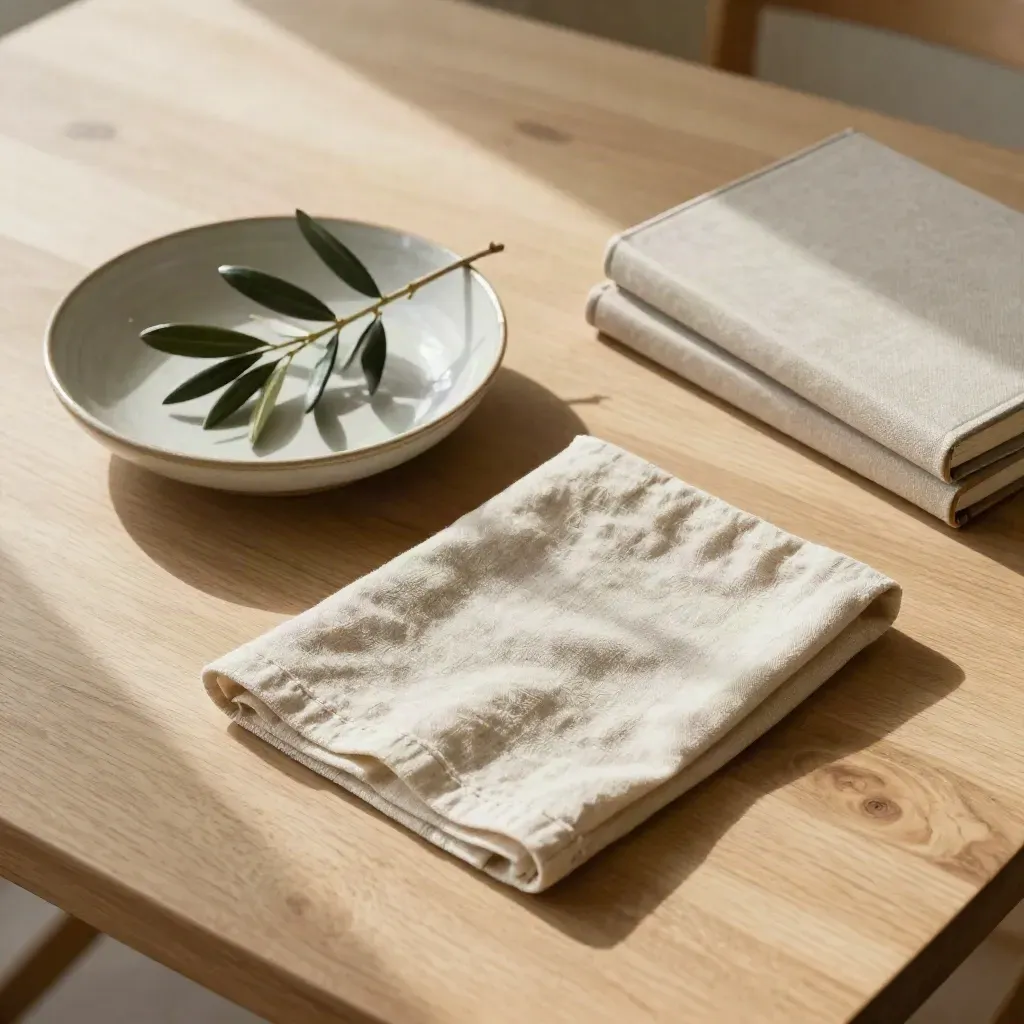 Mesa de comedor en calma con cuenco, rama de olivo y lino recién asentado.