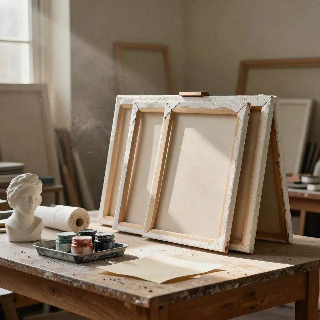 Estudio de pintura con lienzos frescos, yeso y frascos de pigmento en luz cálida.