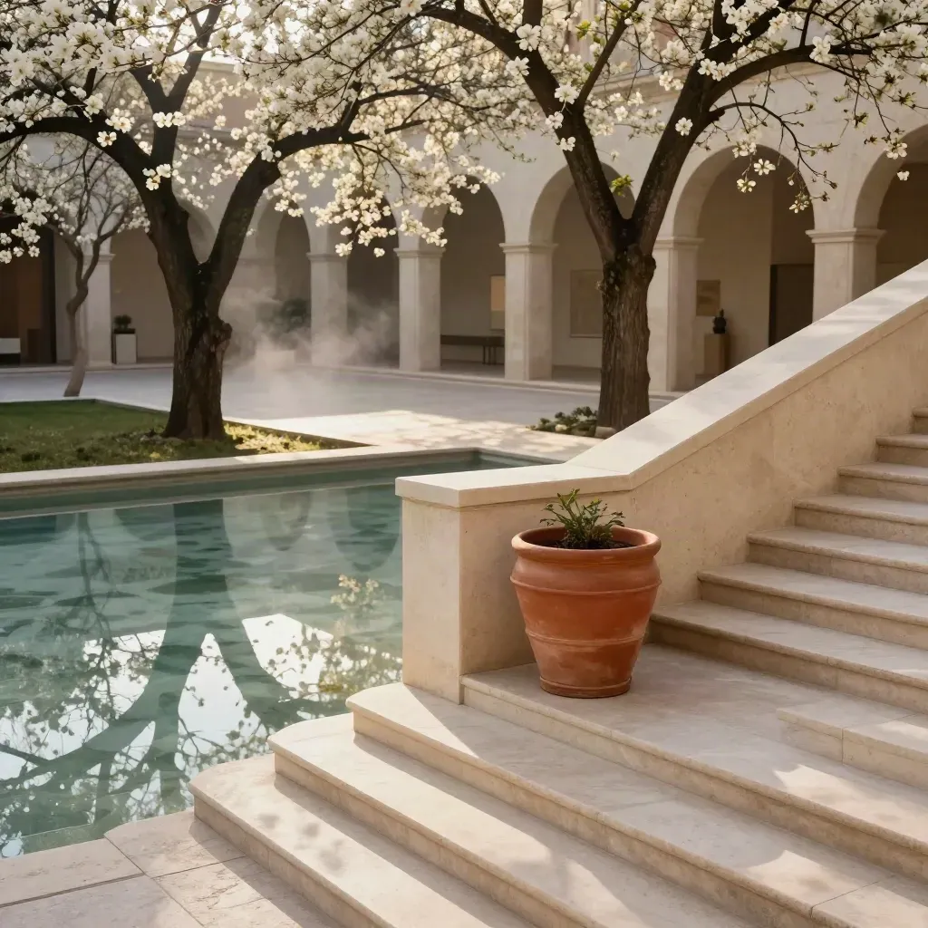 Patio de museo con árboles en flor, escalones de piedra y estanque reflejante bajo luz primaveral.