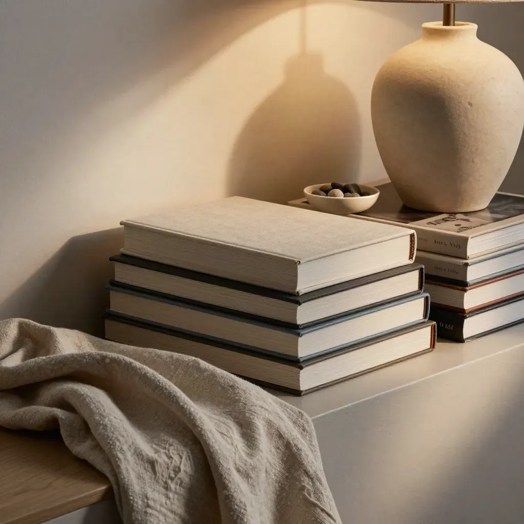 Libros de arte, manta de lino, base de lámpara cerámica y cuenco de piedras al anochecer.