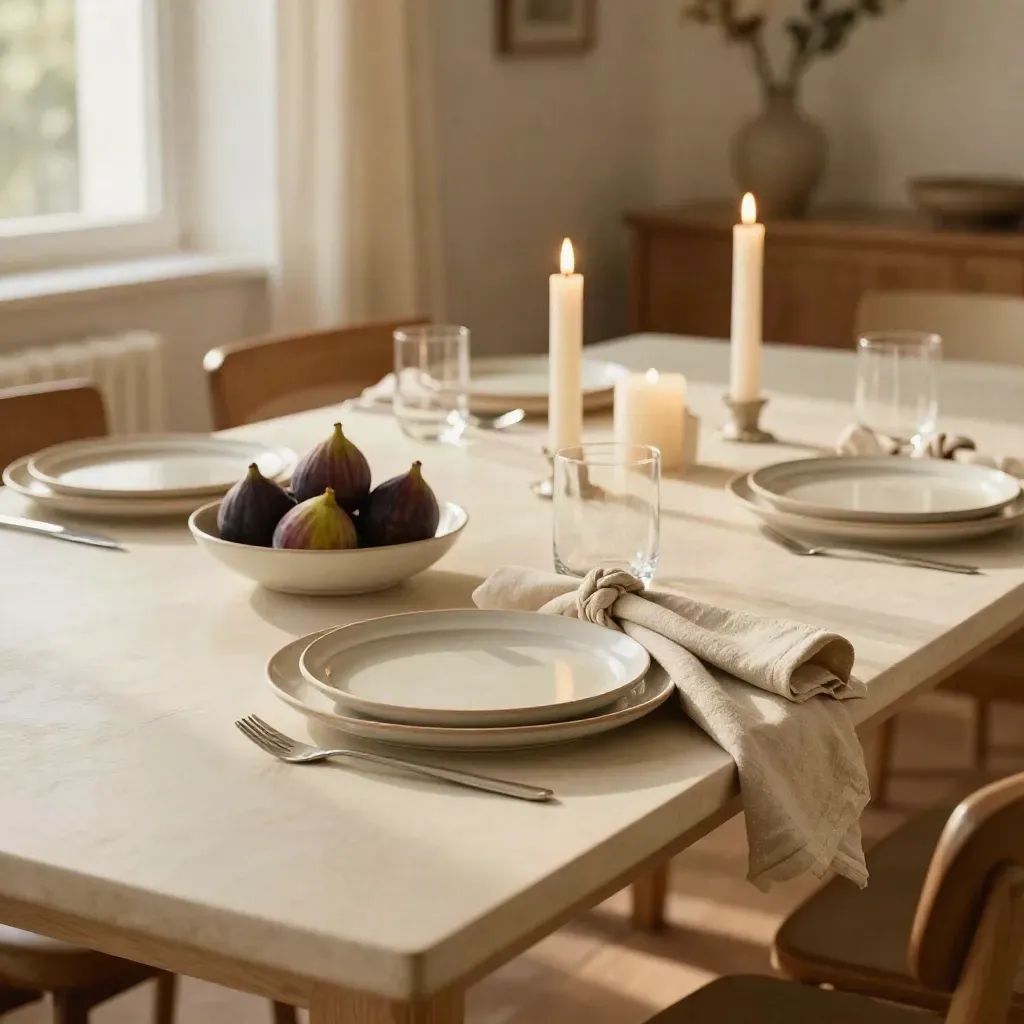 Mesa larga de domingo con platos de cerámica, higos, velas y servilleta de lino en luz cálida.