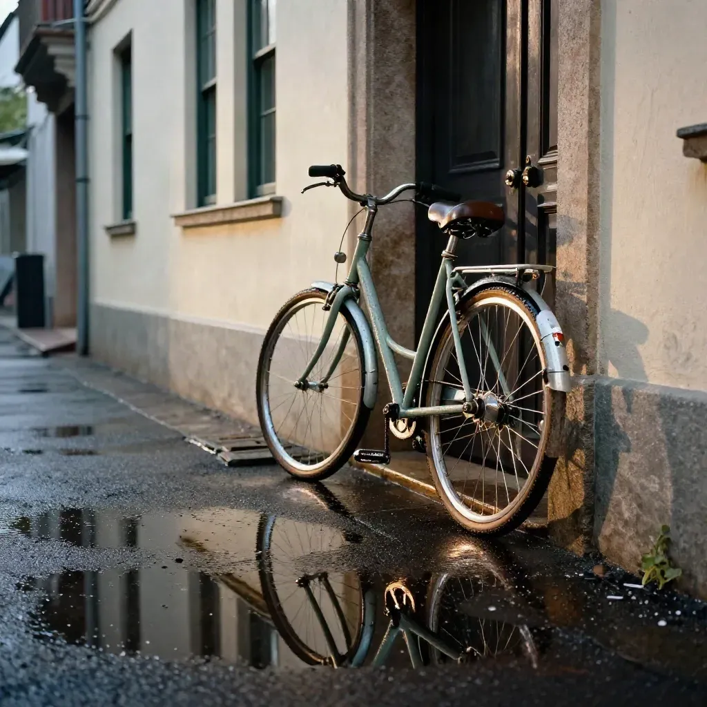 Pavimento mojado frente a galerías con bicicleta apoyada y reflejos tras la lluvia.