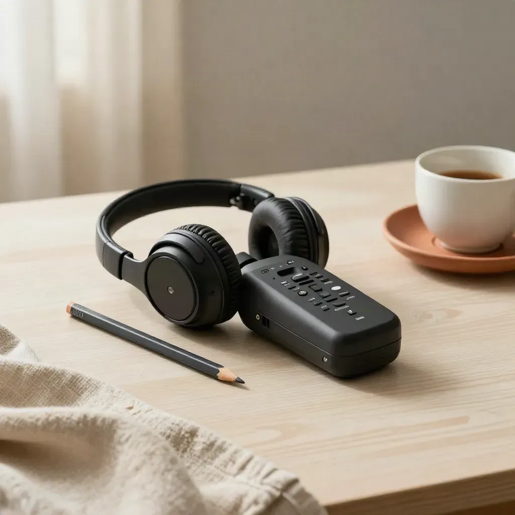 Grabadora portátil con auriculares, lápiz y taza de porcelana sobre madera clara.