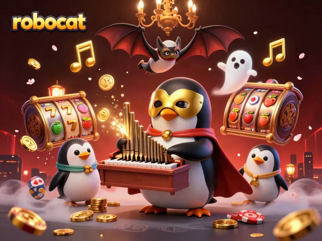 Engage with robocat gameplay featuring a 3D penguin playing slots, immersed in a vibrant casino atmosphere.