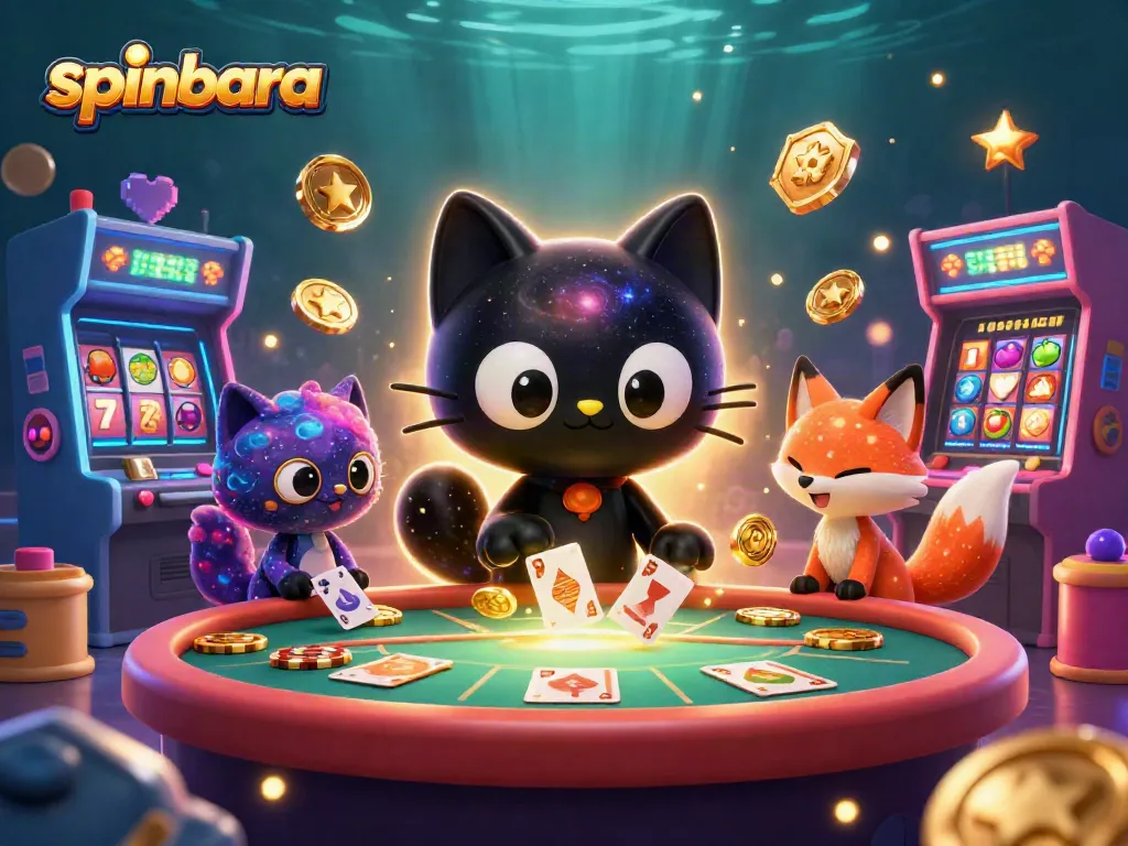 Join the fun at Spinbara Casino with a cartoon black hole cat and friends surrounded by vibrant games.